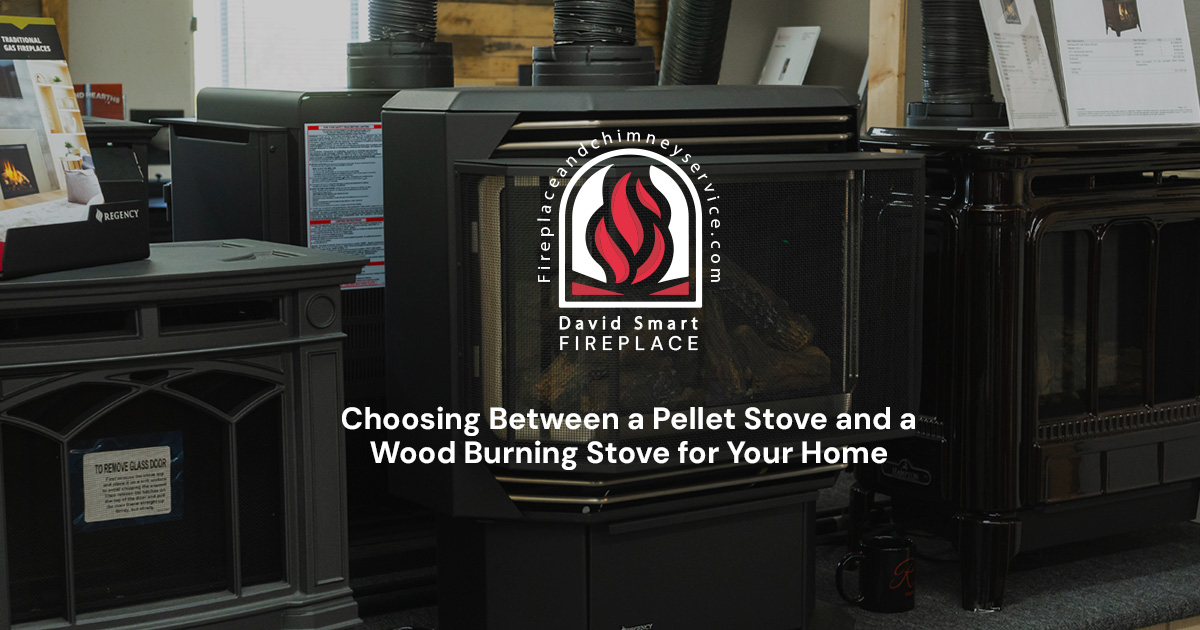A pellet stove and a wood burning stove displayed in a showroom with informational signs.