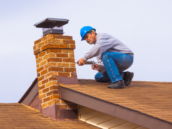 Man in a blue hard hat repairing brick chimney on a house roof with a tool.