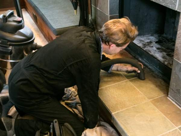 Person cleaning a fireplace with a vacuum hose, kneeling on a tiled hearth.