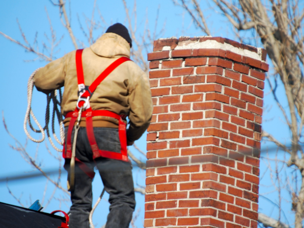 Person in safety harness stands on roof near a brick chimney, holding a rope.