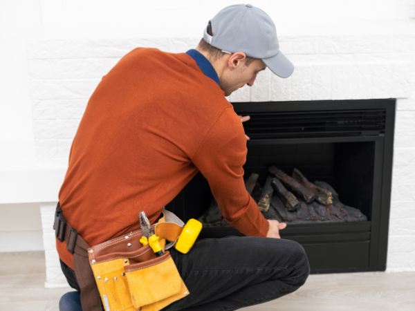 Technician performing routine fireplace maintenance and inspection.