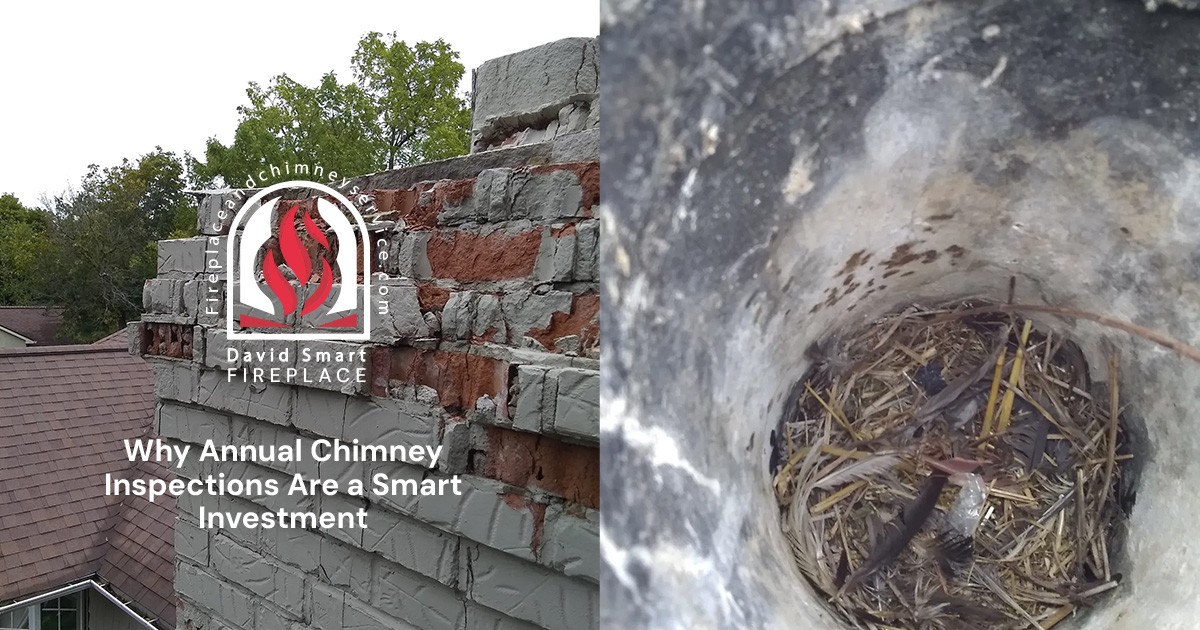 damaged bricks on a chimney and a nest with debris inside a chimney flue