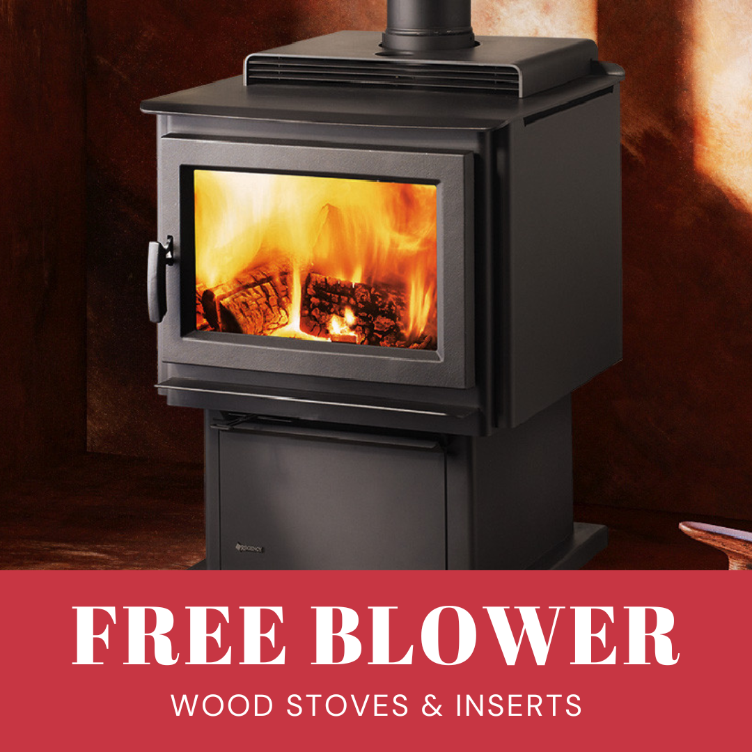black wood stove with fire inside and text free blower, wood stoves and inserts