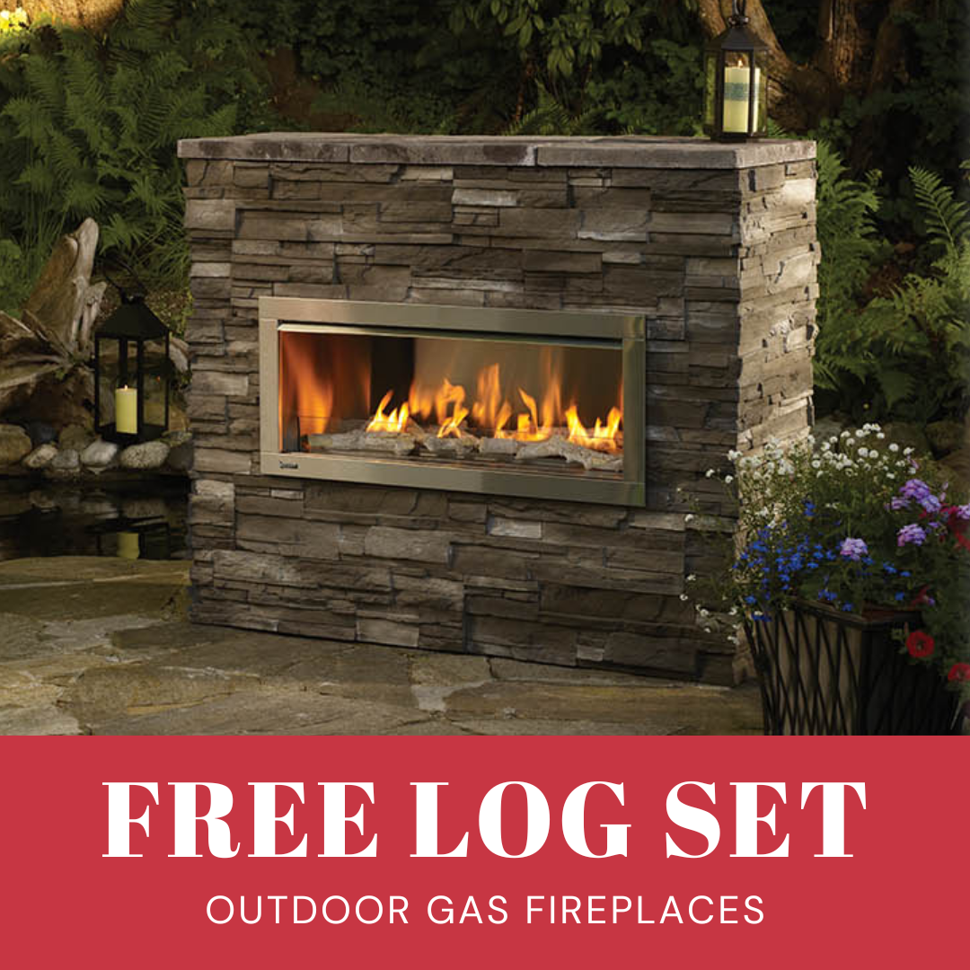 outdoor gas fireplace with stone facade and visible flames and text that reads free log set offer