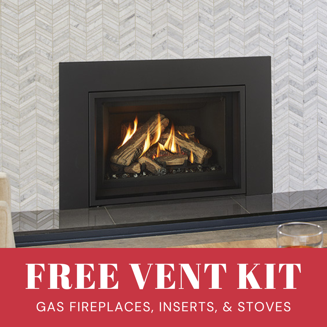 gas fireplace with a modern design and the text free vent kit