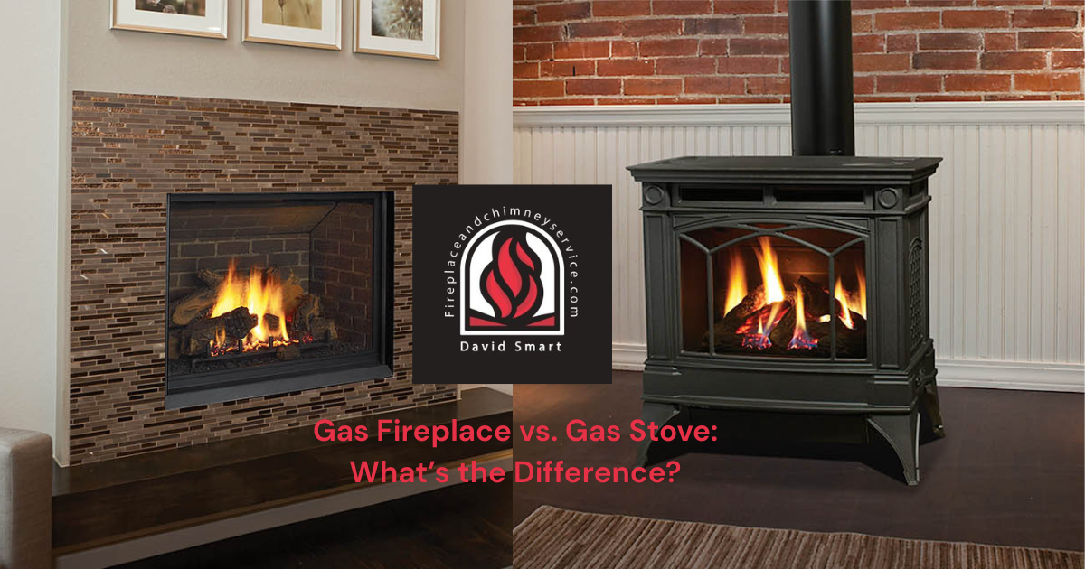 A modern gas fireplace and a black gas stove with flames, side by side in a home setting.