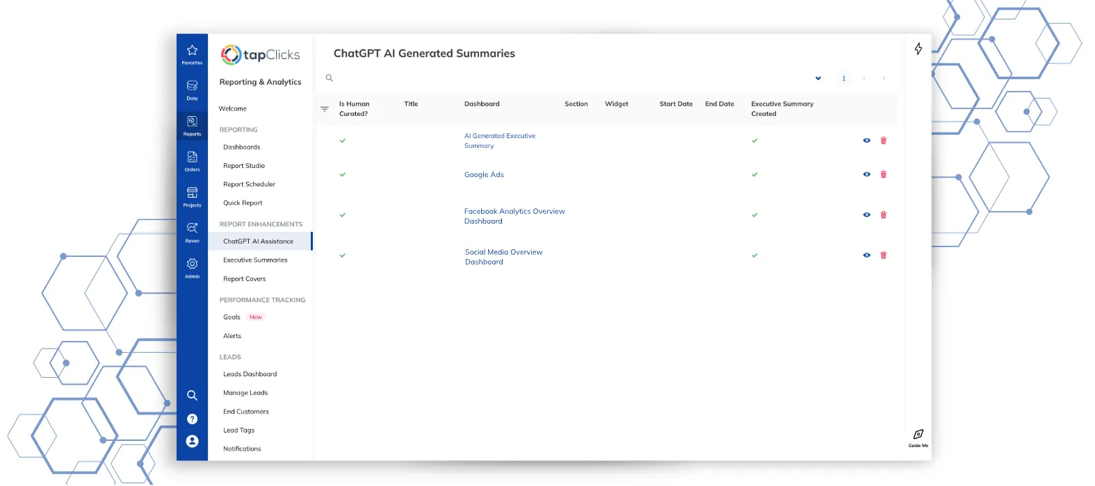 A diagram showing various data sources like Google Ads and Facebook flowing into TapClicks for advanced calculations, resulting in a unified dashboard.