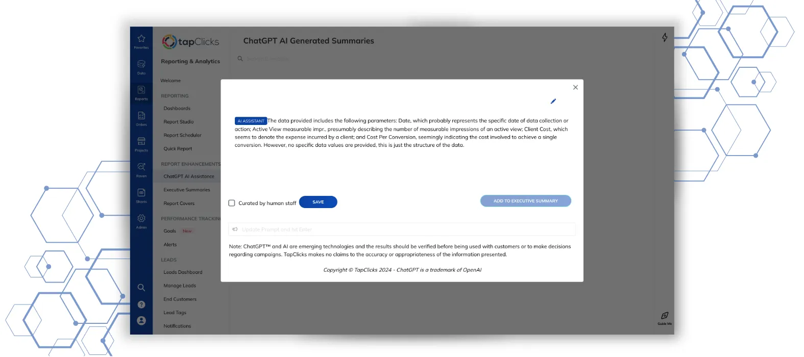 A dashboard view in TapClicks with custom charts and graphs created using flexible formulas.