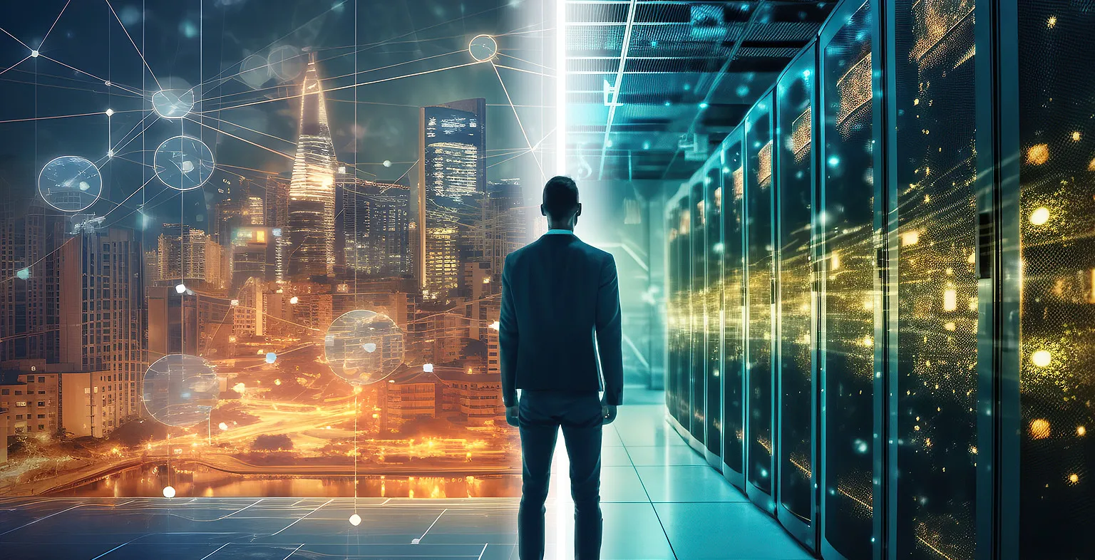 Futuristic image of a city skyline on the left, a man in a suit, with his back to the viewer in the center and a data center rack storage system on the right. Image is in blues and oranges with an overlay of transparent circles and lines.
