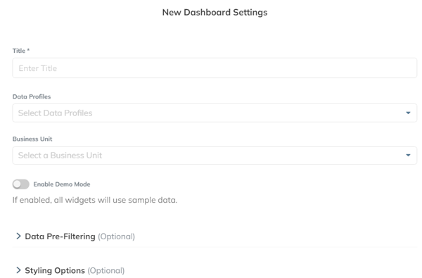 TapClicks New Dashboard Settings screen with fields for title, data profiles, and styling options