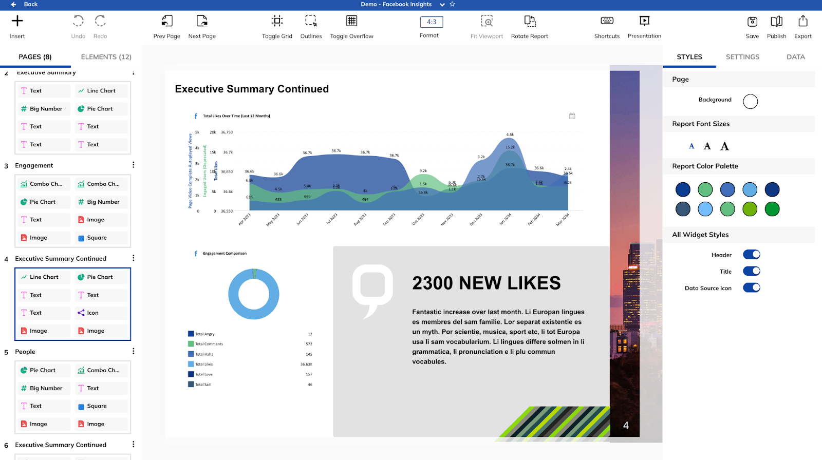 TapClicks Report Studio showing charts and layout tools for building SEO and marketing reports