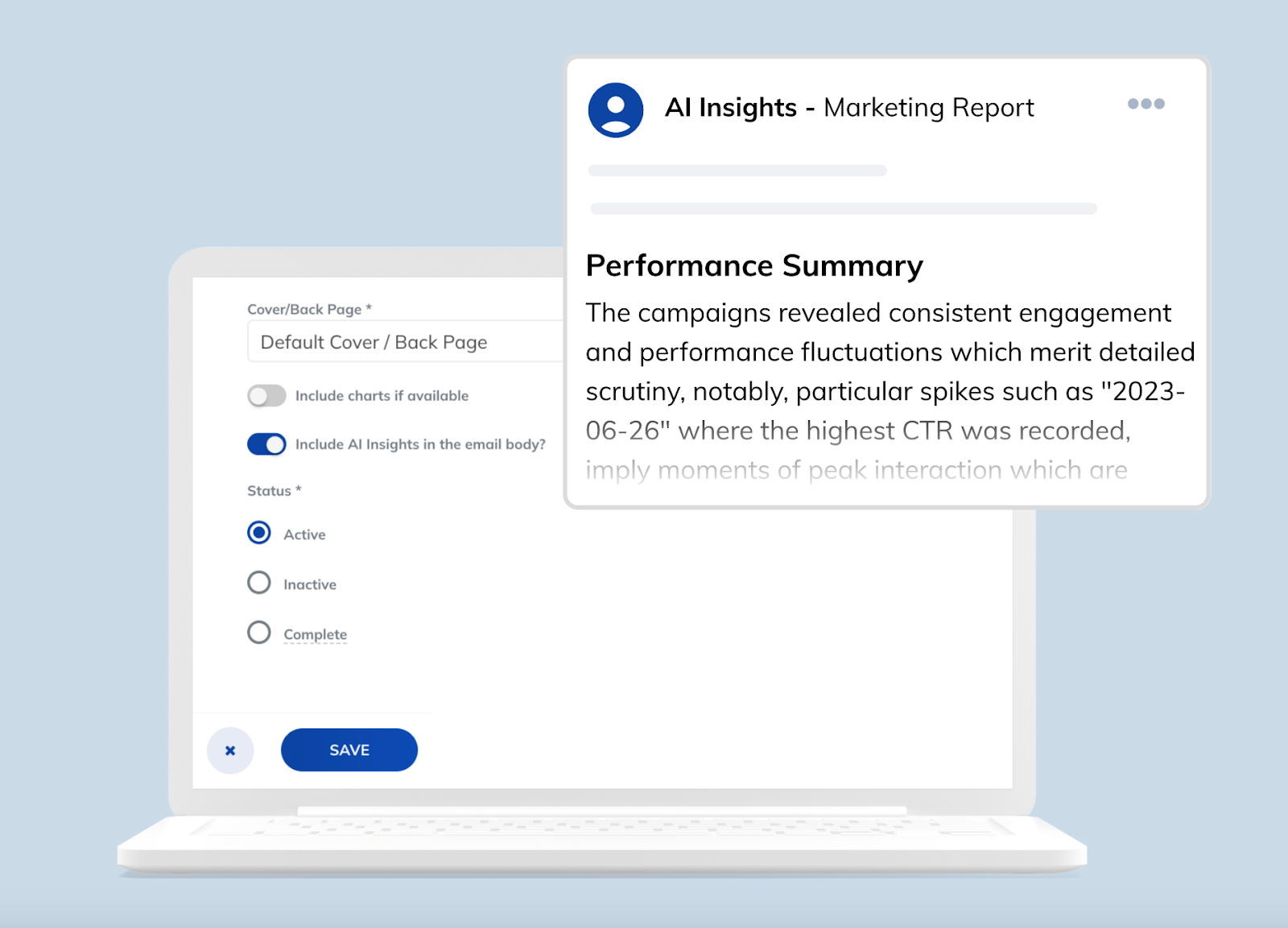 AI Insights summary displayed on a laptop screen showing a performance overview for a marketing report