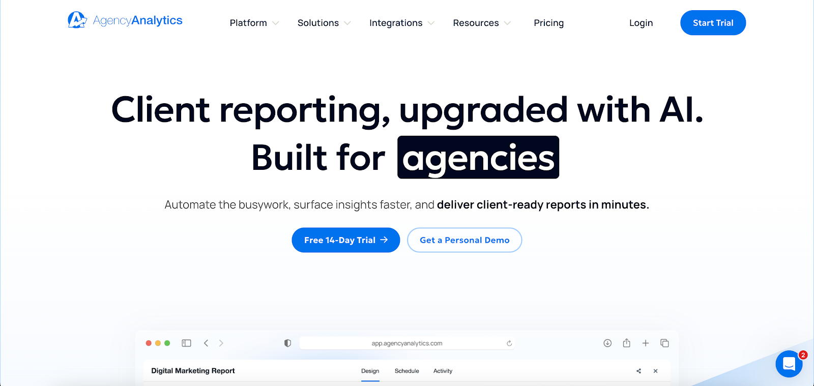 AgencyAnalytics website homepage