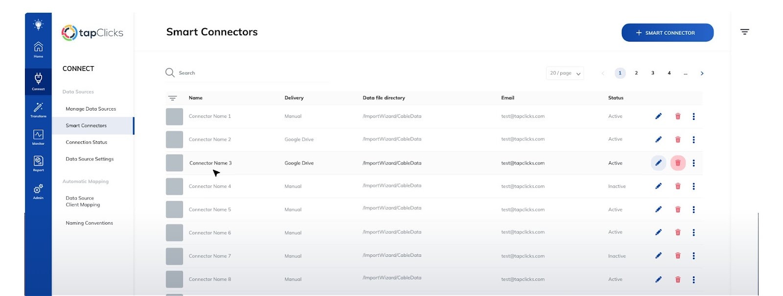 TapClicks Smart Connectors dashboard for managing data sources