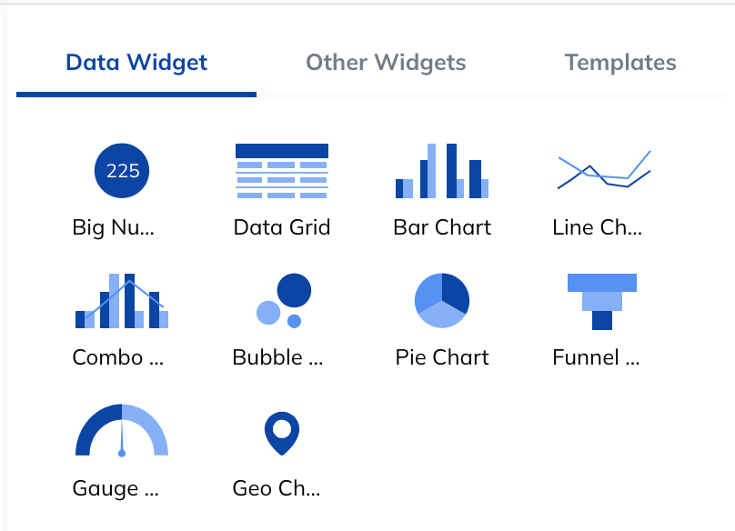 TapClicks widget selection menu showing chart and data visualization options