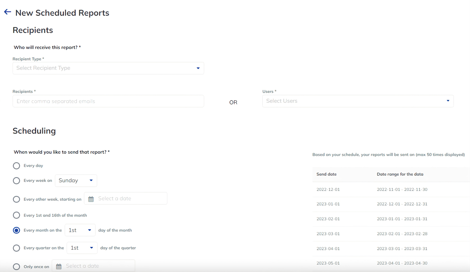 TapClicks Report Scheduler showing options for recipients and automated report timing