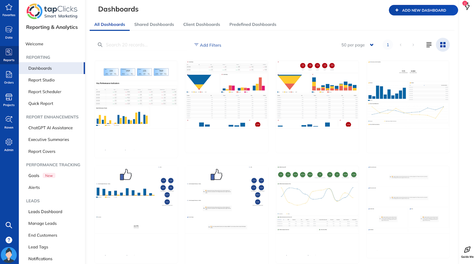 TapClicks dashboard gallery displaying multiple reporting layouts with charts, funnels, performance metrics, and navigation options.