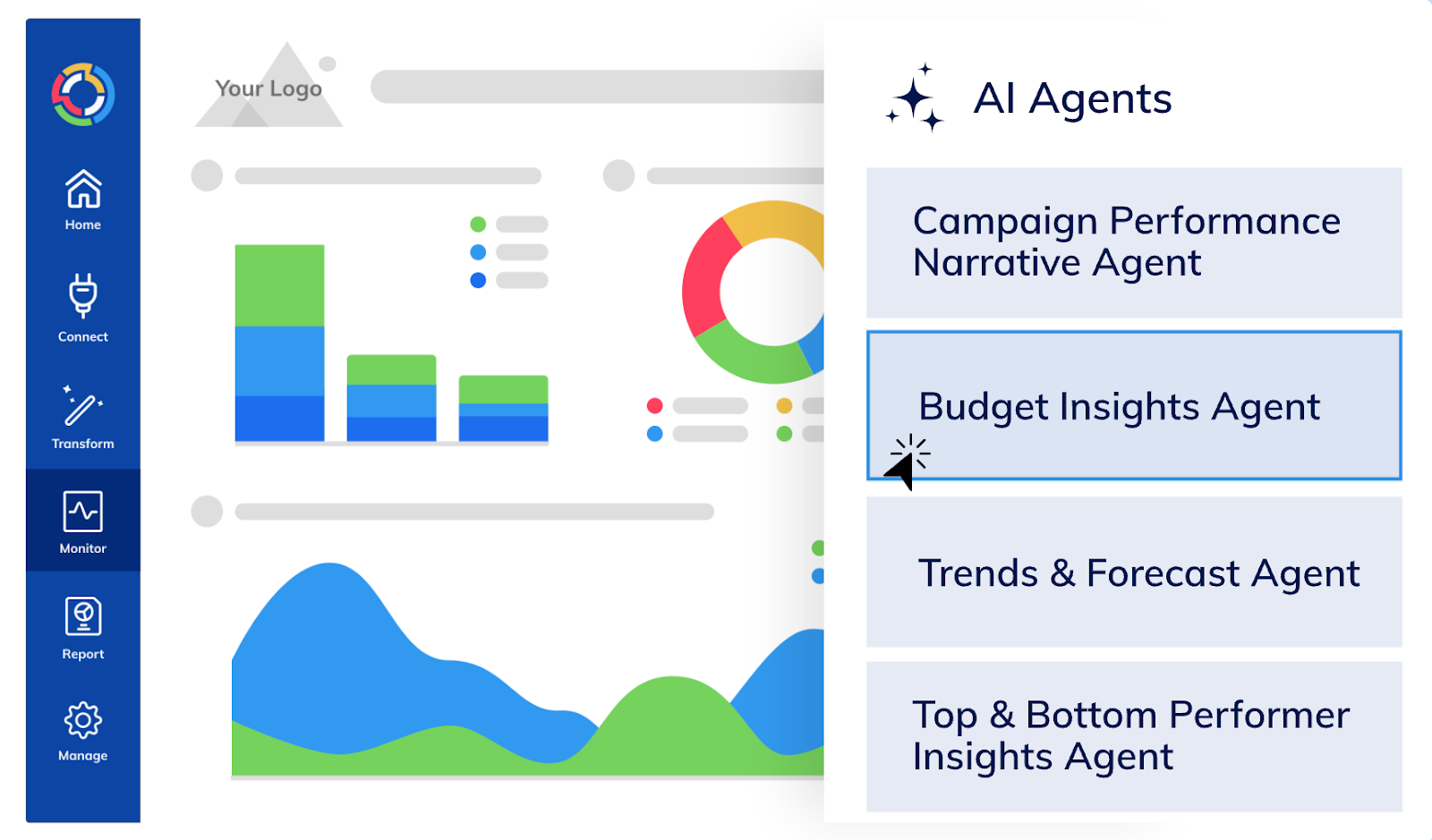 Dashboard interface with bar charts and AI Agents menu highlighting the Budget Insights Agent
