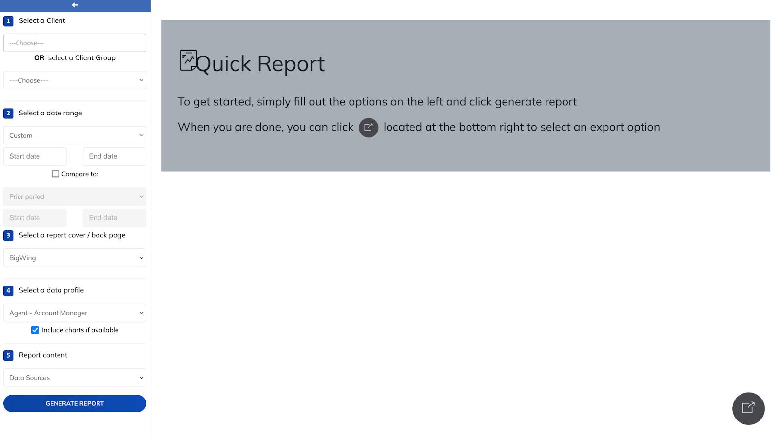 TapClicks Quick Report builder with options to choose clients, date ranges, data profiles, and report content.