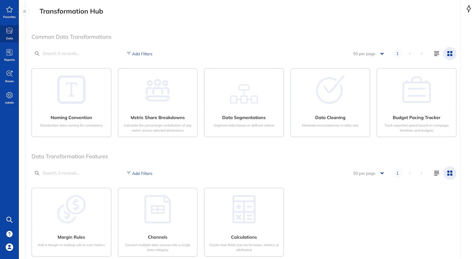TapClicks Transformation Hub showing data cleaning and metric rules