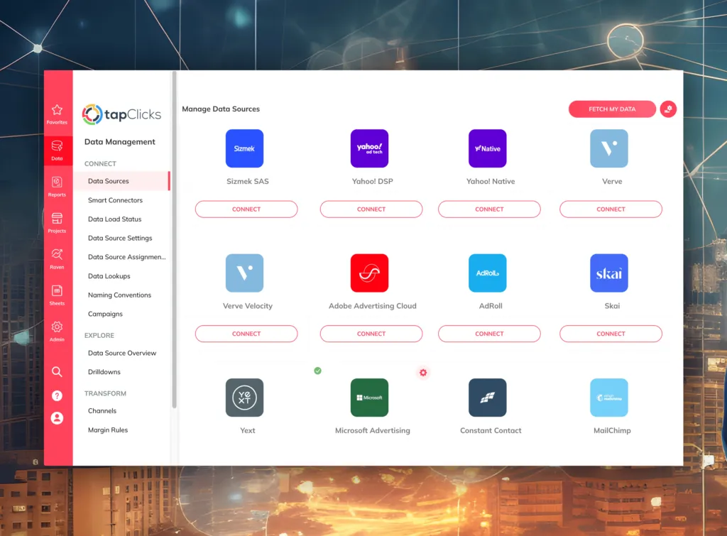 Bright image of a city with dark blue fading to orange at the bottom with a screen shot overlay showing data connectors