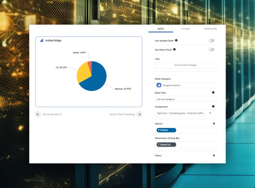 Image of a computer data center with a computer screen shot overlay showing a circle chart