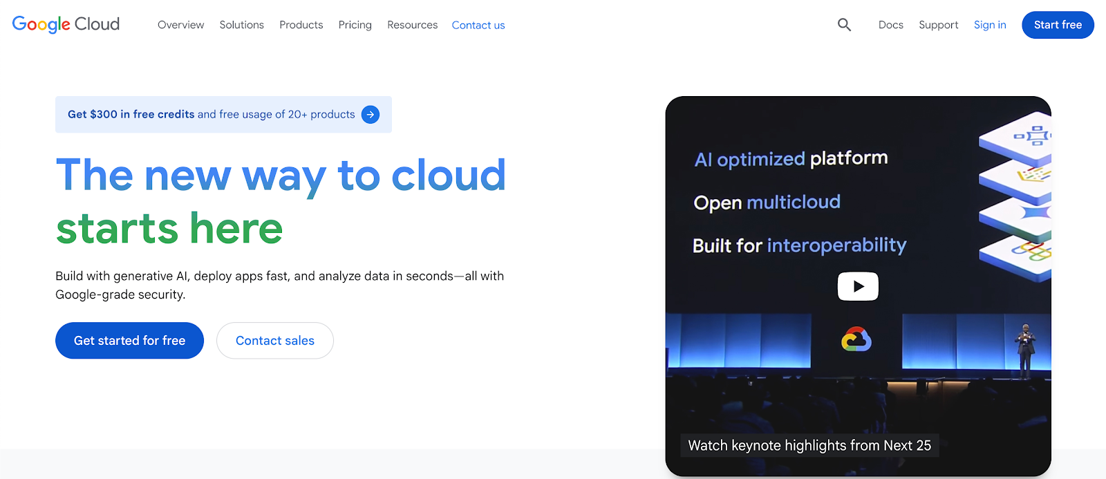 Google cloud website homepage