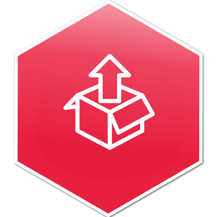 Red hexagon showing the image of a box with an uparrow coming out of the box.