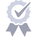 A grey and white graphic image of an award with two ribbons coming down below it with a check mark in the middle