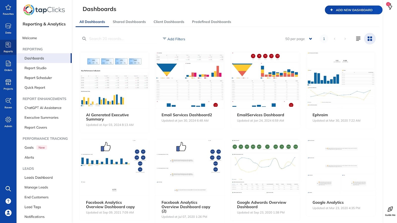 TapClicks' library of client dashboards with charts, funnels, and performance summaries