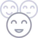 Three grey and white outline smiley faces. Two are behind and higher on the graphic than the main one