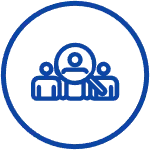 Dark blue circle with white background. In the center is a graphic image of three people with a magnifying glass over the center person