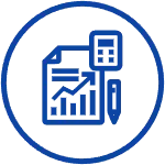Blue circle with white background. Inside is a graphic image of a chart with a calculator and pen