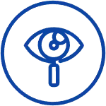 Dark blue circle with a white background. In the center is a graphic of an eye with a magnifying glass overlayed