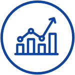 Blue graphic circle with a white background and a blue line bar chart in the middle