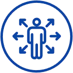 Dark blue circle with white background. In the center is a graphic representation of a person with arrows going out from the person