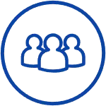 Dark blue circle with white background. In the center are graphics of three people