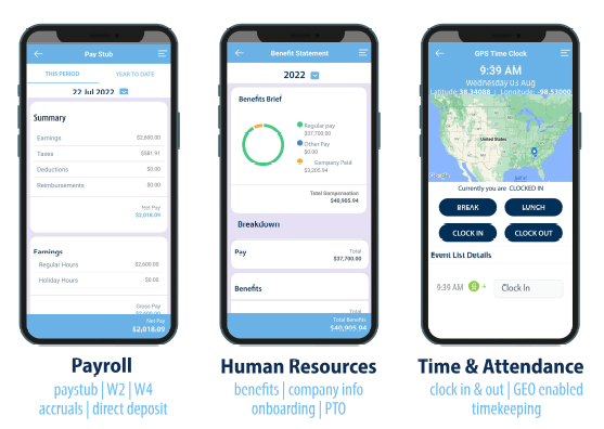 Three mobile screens showing payroll, HR benefits, and time clock features for employees.