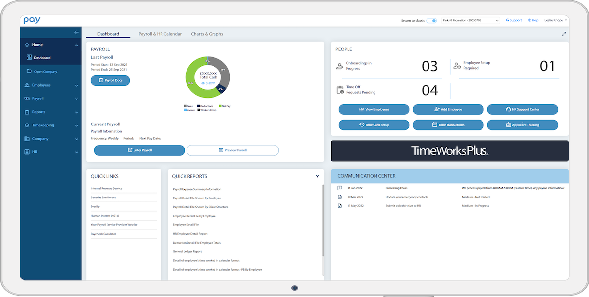 Payroll dashboard screen showing payroll summary, employee counts, quick links, and notifications.