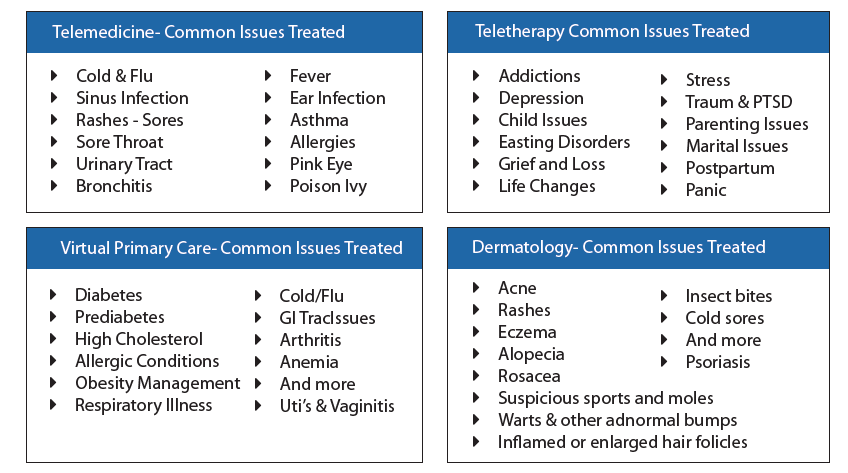 Telemedicine with teletherapy and virtual primary care dermatology