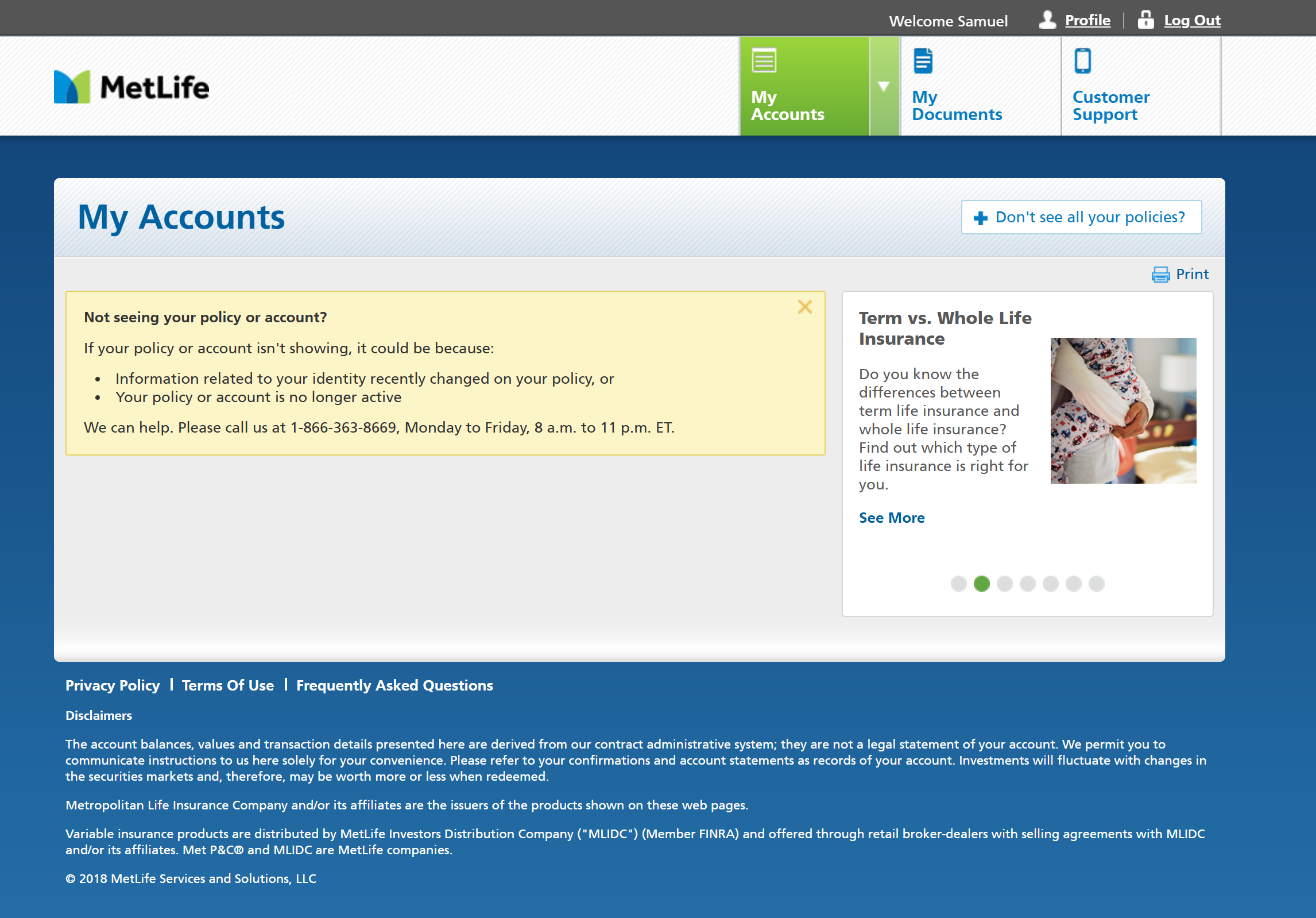 MetLife account dashboard showing a notice about policy access and a section on life insurance types.