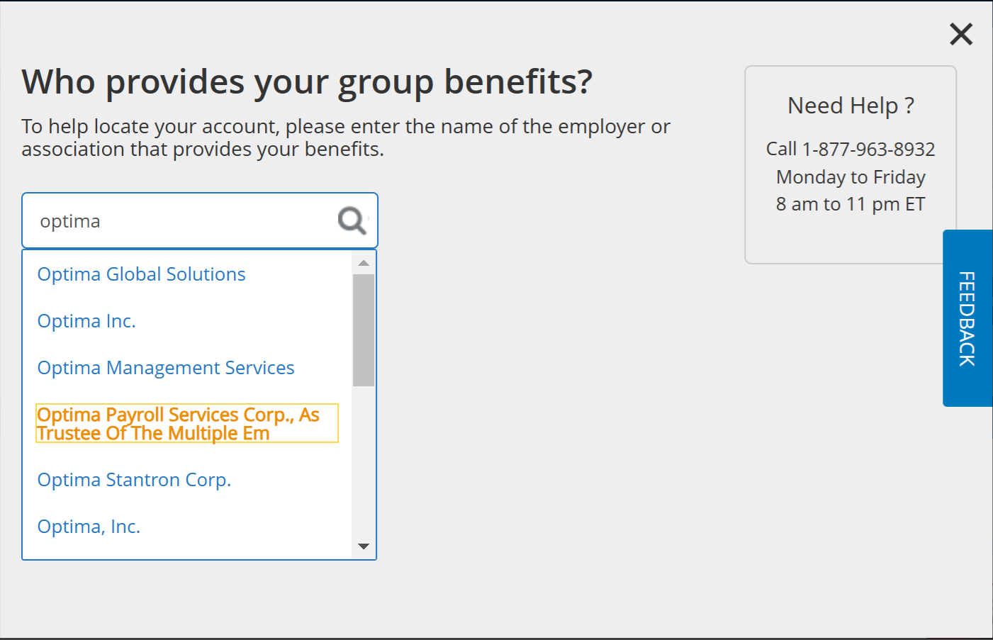 Website form with a dropdown menu showing Optima Payroll Services Corp. as a selected option.