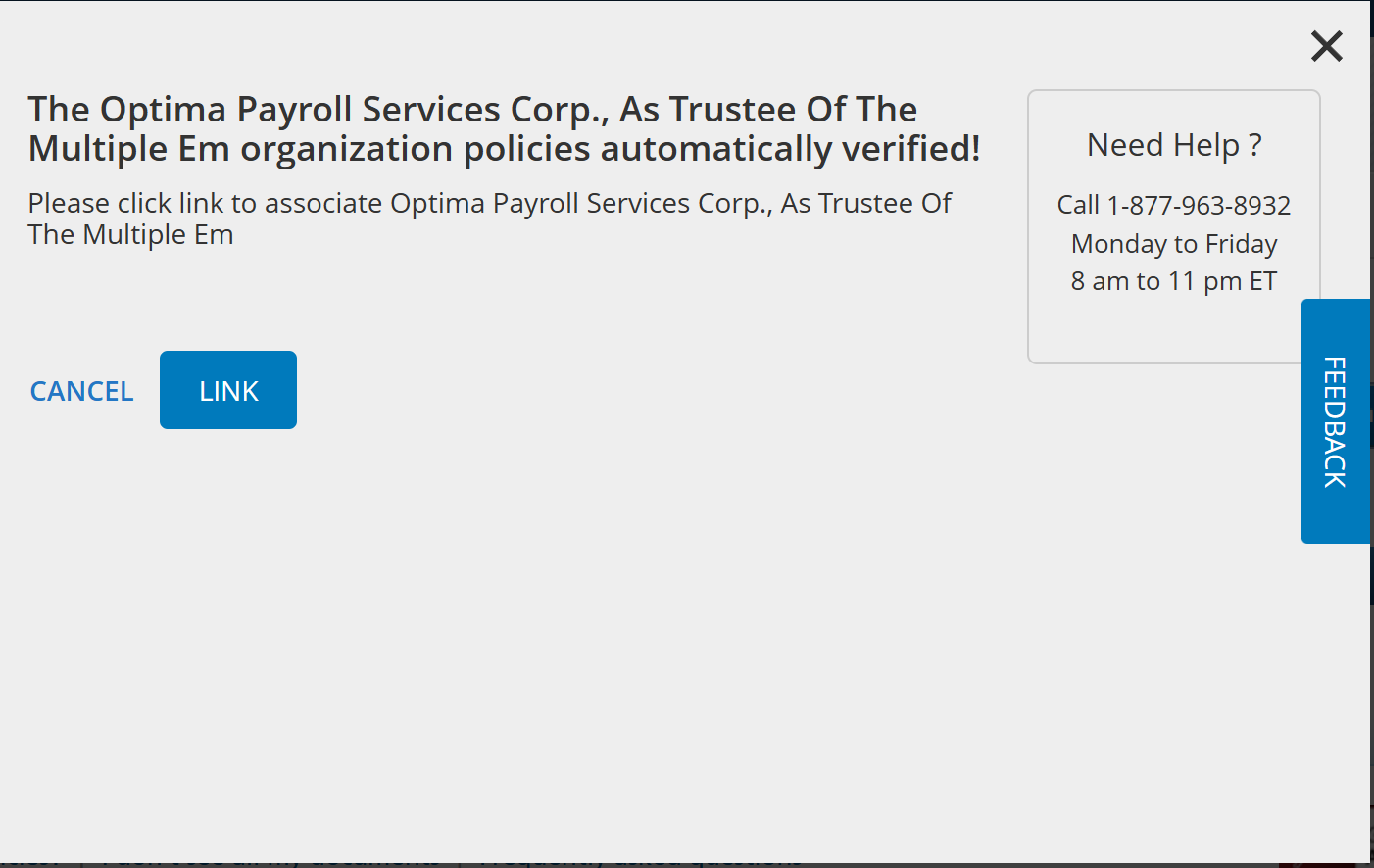 A webpage prompts to link Optima Payroll Services Corp. with options to Cancel or Link.