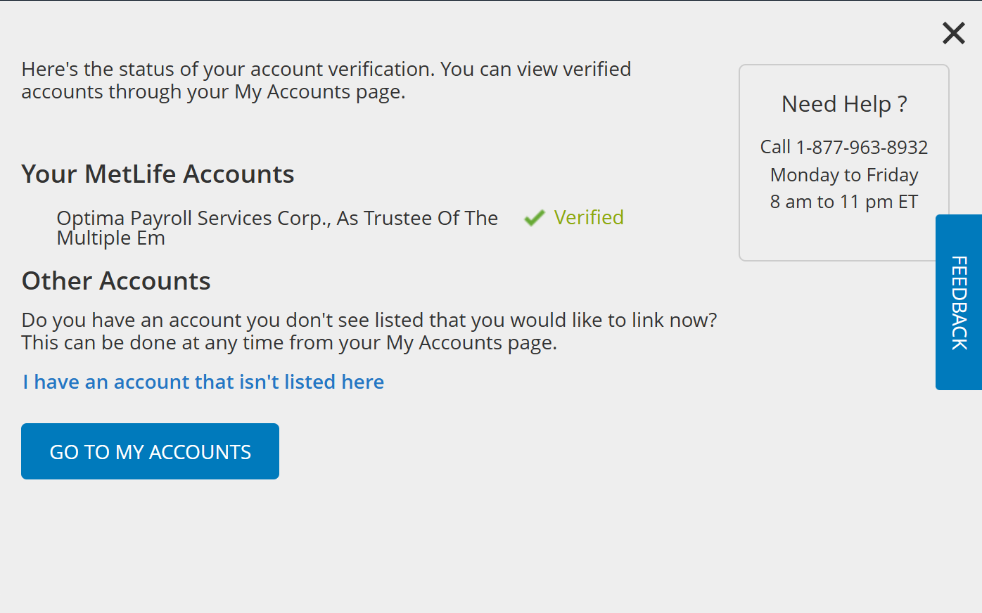 Account verification page showing Optima Payroll Services Corp. as verified with a help box on right.