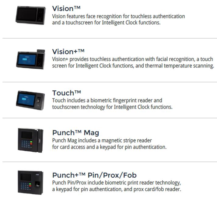 Five time clock devices with brief feature descriptions, including Vision, Vision+, Touch, and Punch models.