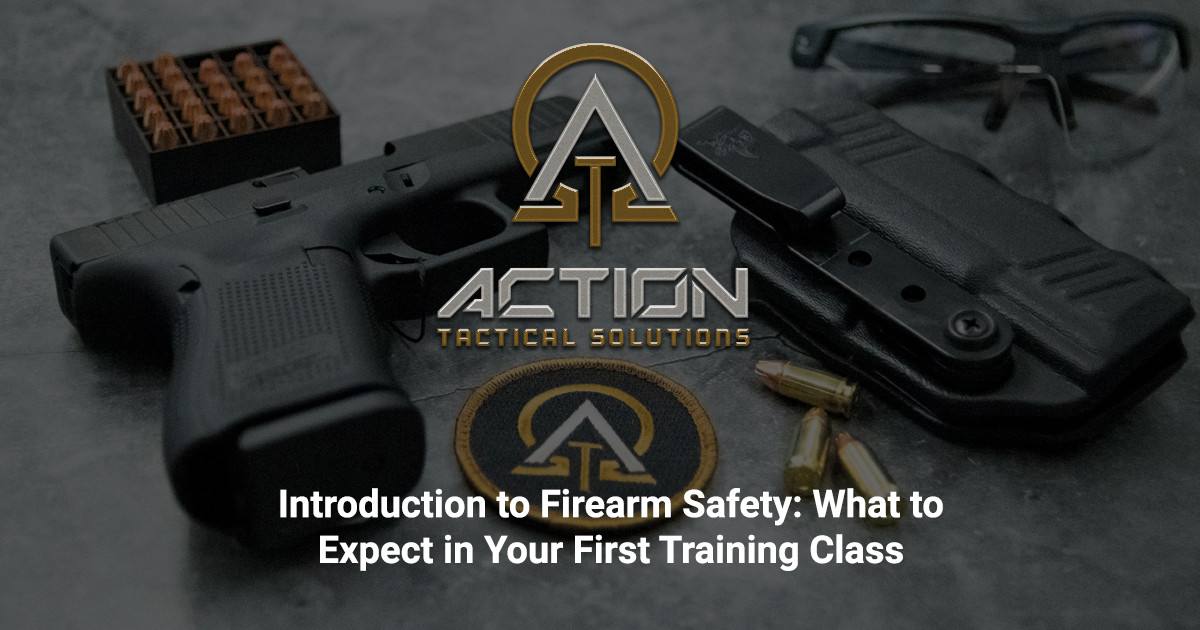 firearm, holster, bullets, and patch with Action Tactical Solutions logo and text overlay