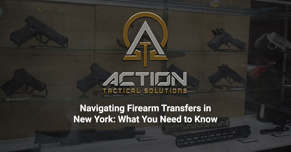 gun shop display with firearms and Action Tactical Solutions logo and text on transfers in New York