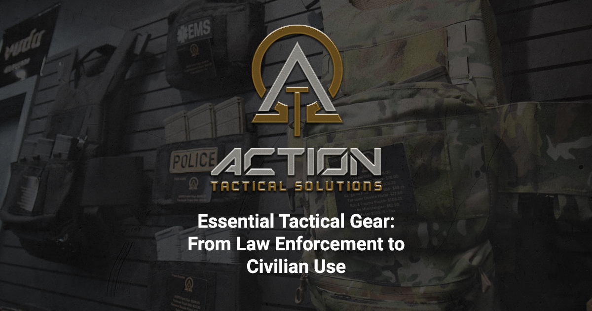 tactical gear display with action tactical solutions logo and text about gear use