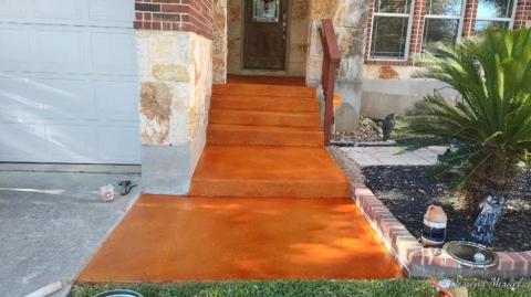 Trowel down overlay 6900PSI Simulated Slate like texture stained semitransparent with a solvent based acrylic sealer, Anti-slip.