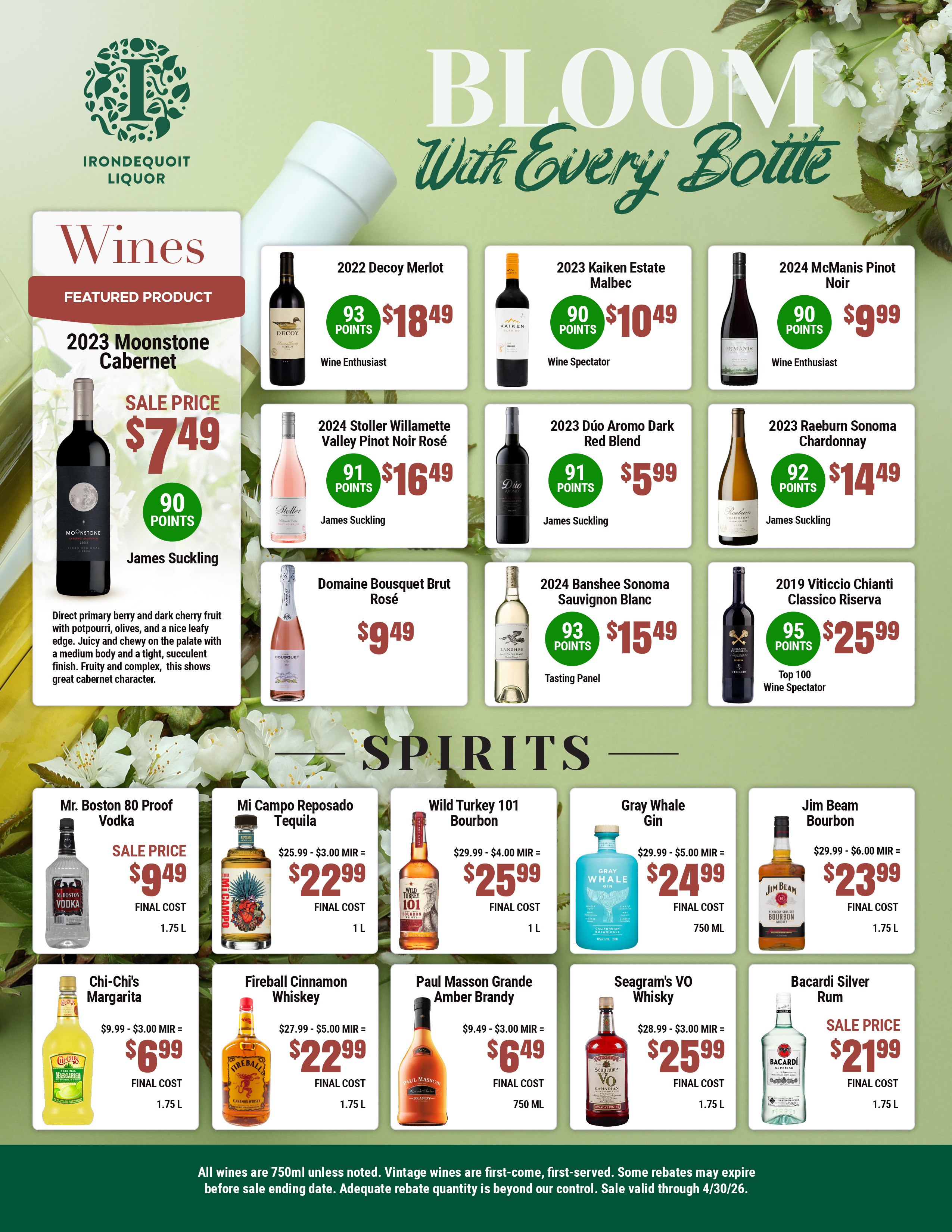Spring-themed liquor store ad with wine bottles, spirits, prices, and floral decorations.